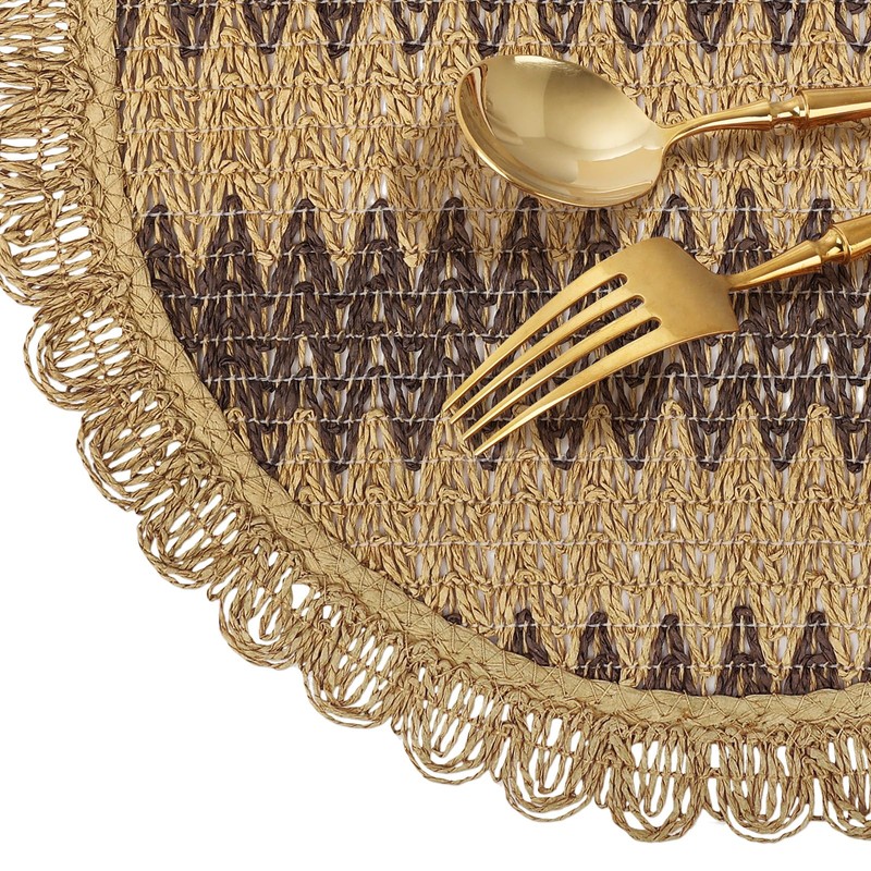 fanquare Boho Round Woven Placemats Set of 6, 15" Scalloped