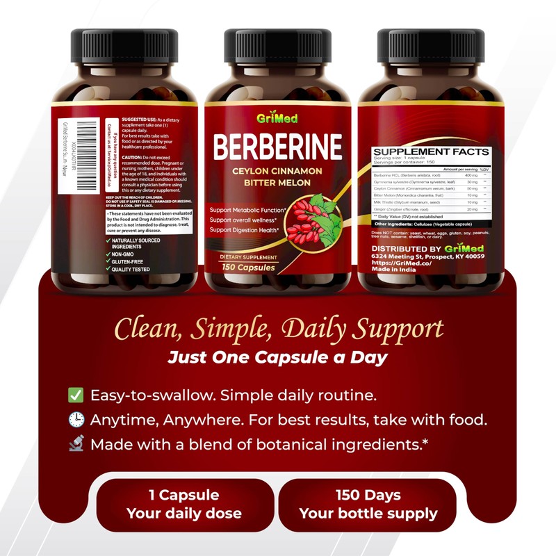 GriMed Berberine Supplement 9,500mg with Ceylon Cinnamon Bitter Melon Supports