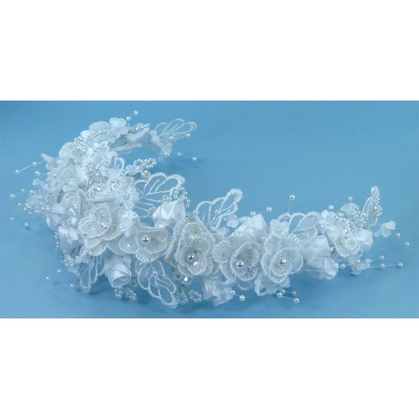 Elegant Lace Flower Bridal Comb Adorned with Satin Flowers Accented with Lustrous Pearls and Faux Crystal Beads for Wedding, Quinceañera or Other Special Events #88A90wab
