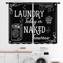 Miyotaa Black White Laundry Room Curtains 2 Panels 27.5W x 39H Rod Pocket Vintage Funny Farmhouse Rustic Polyester Decor Small Short Window Drapery Treatment