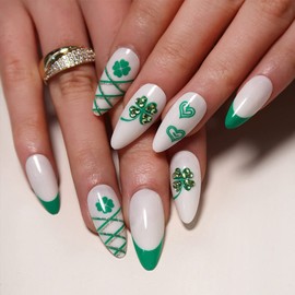 Medium Press on Nails St. Patrick's Fake Nails Almond Shape Artificial False Nails with Rhinestone Design Four Leaf Clover Heart Stick on Nails Green Nail Tips Full Cover St. Patrick's Acrylic Nails