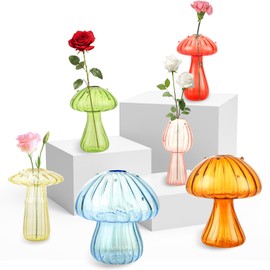 JMIATRY Glass Mushroom Vase for Flowers Set of 6, Colored Mushroom Planter Glass Propagation Vases for Plants, Cute Hydroponic Pots Mini Flower Vase for Home Office Room Decor