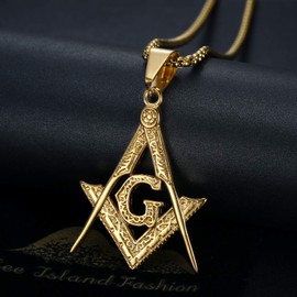 CJiePeiC 18K Gold Plated Freemason Symbol Pendant Stainless Steel Necklace for Men, 24 inch Chain Masonic Hip Hop Jewelry Gift