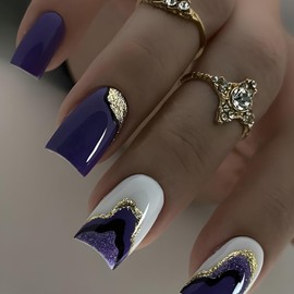 LOPMNGHT Square Press on Nails Short Purple False Nails Gold Glitter Powder Design Full Cover Stick on Nails Artificial Glossy Coffin Nails Square Acrylic Nails Reusable Glue on Nails for Women 24Pcs