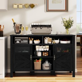 YITAHOME 55'' Farmhouse Buffet Cabinet with Storage, Large Sideboard Cabinet with 2 Doors & Open Storage, Versatile Coffee Bar Table for Kitchen & Living Room (Black)