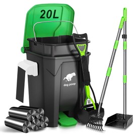 Uppcasir Dog Poop Trash Can Outside with Pooper Scooper and Metal Rake & Tray, 20L/5Gal Dog Waste Trash Can with Lid, Pedal and Removable Inner Waste Bin, Pet Poop Bin with 100 Bags, Green