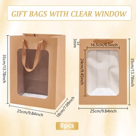BENECREAT 8 Pack Transparent Window Brown Kraft Paper Bags, 13.7x9.8x7.1inch Gift Bag with Handles for Birthday, Wedding, Party, Anniversary
