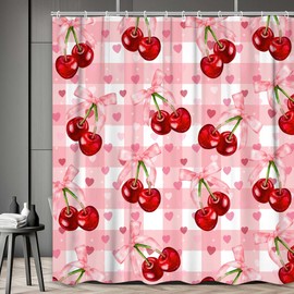JAWO Pink Bow Shower Curtain, Red Cherry Checkered Aesthetic Shower Curtains Sets, Cute Light Pink Heart Bath Curtain Polyester Fabric Waterproof Bathroom Accessory Set with 12 Hooks, 72x72