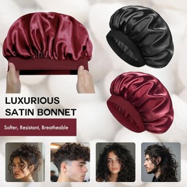 BUKYCAT Pack of 2 Satin Bonnet Sleep Cap, Silk Satin Hair Cap, Silk Hood for Sleeping, Silk Hood for Sleeping with Elastic Band for Women and Girls
