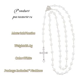 QKEOISUD Cross Rosary Pendant Necklace,White Pearl Beads Rosary Roses Mystery Beads Prayer Necklace,Religious Jewelry Gifts for Women Men(White)