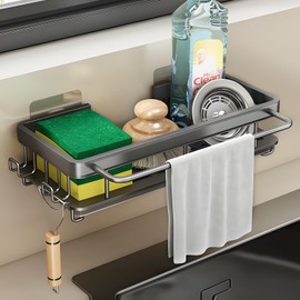 QITIXI:OU Metal Hanging Kitchen Organiser Kitchen Sink Organiser Sponge Holder Sink with Drain Pan Bathroom Kitchen Sink Organiser with Dish Cloth Holder and Two Hooks - No Drilling Required