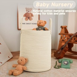 JMvicyroam Large Woven Laundry Basket Hamper,60L Cotton Rope Storage Bin for Blankets,Toys and Clothes,Decorative Tall Nursery Hamper for Living Room,Baby Nursery,Bathroom and Bedroom,Beige
