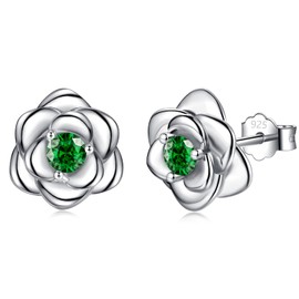 Sterling Silver Stud Earrings for Women Teens Girls, Hypoallergenic Silver Earrings with Red Cubic Zirconia Rose Flower Wedding Cartilage Earring for Her Mum Wife Birthday Valentine's Day Christmas