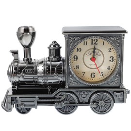 FAVOMOTO Grey Retro Train Clock Model Train Locomotive Clock Table Time Steampunk Decoration Home Office Shelf Model Time (No Battery)