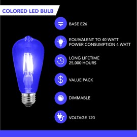 SLEEKLIGHTING LED 4Watt Filament ST64 Blue Colored Light Bulbs – UL Listed, E26 Base Lightbulb – Energy Saving - Lasts for 25000 Hours - Heavy Duty Glass - 4 Pack