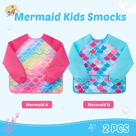 2 Pack Mermaid Kids Art Smocks - Pink Toddler Smock Kids Apron Children Rose Blue Apron Girls Painting Artist Smocks Cooking Baking Gardening Waterproof Artist Aprons with Long Sleeve Pocket Age 3-8