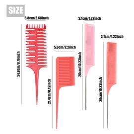 Hair Styling Comb,Highlighting Professional Styling Comb Metal Rat Tail Teasing Comb Dyeing Comb Foiling Comb for Home Hairstylist Barber Styling Weaving (4 Pcs Red)
