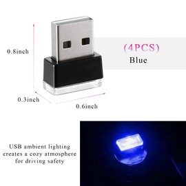 SHMZK 4 PCS USB LED Car Interior Atmosphere Lamp, Mini LED Plug-in USB Interface Trunk Ambient Light, Portable USB Night Lighting Kit Interior Decor for Vehicle Home Office (Blue)