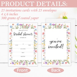 GOLRMC Wildflower Bridal Shower Invitations, Boho Floral Spring Garden Party Invite Cards, Set of 25 Wedding Invites with Envelopes, Bridal Shower Decorations-A05