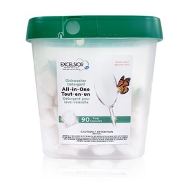 Excelsior HE All-In-One Dishwasher Detergent Pods includes 90 Dishwasher pods with built-in rinse aid for an amazing shine & leaving a gentle citrus scent