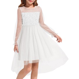Haloumoning Girls Sequin Contrast Mesh Puff Long Sleeve Dresses Twirly High Low Party Tulle Formal Dress 5-14 Years White