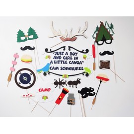 Camping Photo Booth Props Campfire, S'Mores, hot Dog,Pizza, Hamburger, Flashlight, Compass, Tent,Glasses, Pine Trees, Mustaches,Moose. Card Stock and Non Glitter Foamy.
