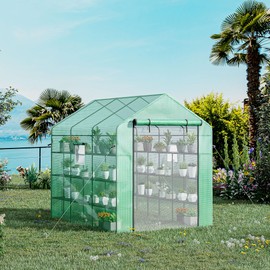 Outsunny 8' x 6' x 7' Walk-in Greenhouse with Mesh Door and Windows, 18 Shelf Green House with Trellis, Plant Labels, UV Protective for Growing Flowers, Herbs, Vegetables, Saplings, Green