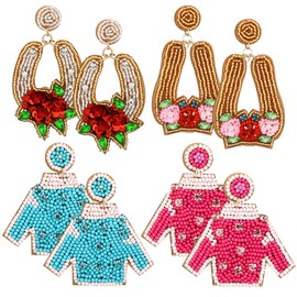 Nosiny 4 Pairs Beaded Derby Earrings Derby Riding Suit Dangle Earrings Kentucky Race Day Horseshoe Earrings Horse Racing Fan Jewelry Horse Racing Accessories