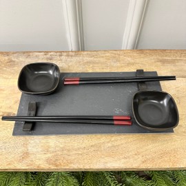 pf+a 7-Piece Sushi Serving Set, Black Soy Dishes and Chopsticks
