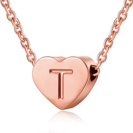 SKQIR Heart Necklace with Initial Letter T,14K Rosegold Tiny Heart Pendant Dainty Minimalist Gift For Women