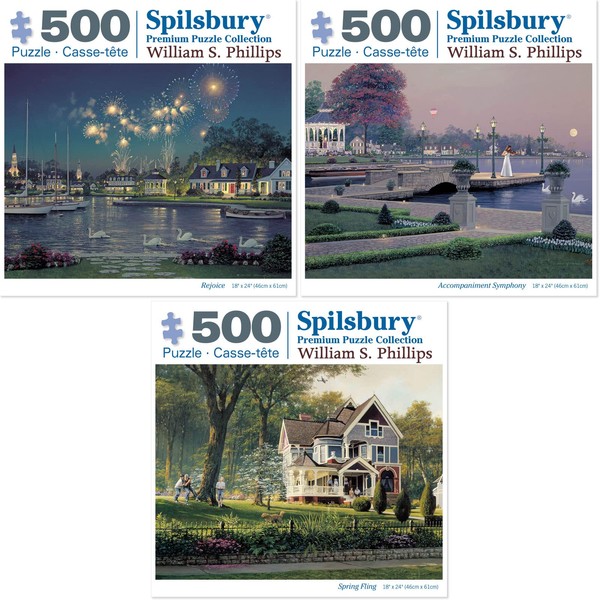 Bits and Pieces - Value Set of Three (3) 500 Piece Jigsaw Puzzles for Adults - Puzzles Measure 18" x 24" - 500 pc Rejoice Music Symphony Spring Pier Lake Night Jigsaws by Artist William S. Phillips