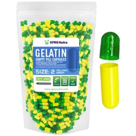 XPRS Nutra Size 2 Empty Capsules - 1000 Count Empty Gelatin Capsules - Empty Pill Capsules - DIY Capsule Filling - Pure Bovine Pill Capsules Empty Gel Caps (Green/Yellow)