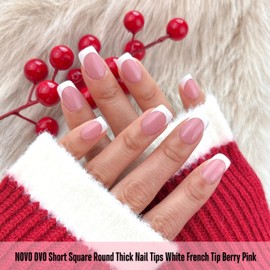 NOVO OVO Short Square Round White French Tip Nail Tips Press on BERRY PINK, Extra Thick Full Cover False Fake Nails, Need Builder Gel Top Coat & Glue, for Salon DIY Acrylic Extension x15 Sizes 240 pcs