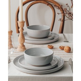 Famiware Milkyway Plates and Bowls Set, 12 Pieces Dinnerware Sets, Dishes Set for 4, Light Gray