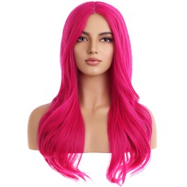 ATROFY 27 Inches Pink Wig Long Wavy Wig Hot Pink Wig for Women Girls Milddle Part Curly Long Wig Neon Pink Wig Magenta Wig Heat Resistant Synthetic Cosplay Wig (Hot Pink)