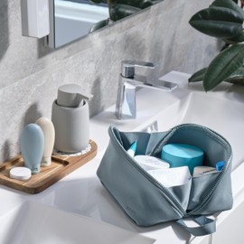 LINE+ARC Machine Washable Neoprene Toiletry Bag (Granite) by LINE AND ARC. A modern dopp kit for cosmetics, makeup, travel. Skincare shaving large case men women overnight easy to clean.