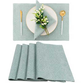 Teal Green Placemats Machine Washable - Spring Garden Home Boho Party Decorative Woven Fabric Dining Table Mats Set of 4, 13 x 19 Inches