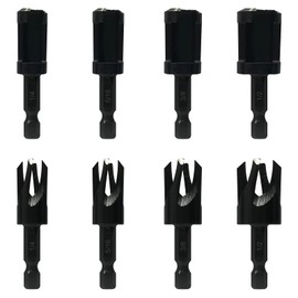 Wood Plug Cutters, 4 pcs Straight Wood Plug Cutters & 4 pcs Tapered Plug Cutters Set with 1/4 Hex Shank, Taper Cutting Tool Knifes in 4 Sizes 1/4", 5/16", 3/8", and 1/2" Black