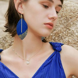 WIKMAB Bohemian Simple Soft Genuine Feather Leaf Lightweight Dangle Drop Earrings Sparkle Leather Large Metal Hook Earrings for Women (5 Treasure Blue)