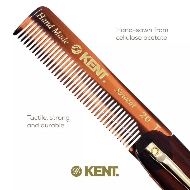 Kent 20T Handmade Folding Pocket Comb for Men, Fine Tooth