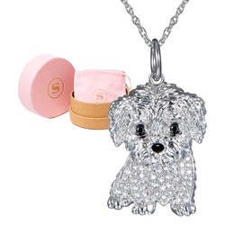 SCAMPER & CO Maltese Pendant Necklace for Women and Girls - Genuine Gemstone and Cubic Zirconia Puppy Charm with Elegant Bone Pattern Backplate on Real, Rhodium Plated Sterling Silver Chain, 18 inch