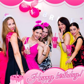 Pickmesh 12 Pcs Pink Birthday Party Cups with Lid and Straw Girl Birthday Squad Cups 24 oz Reusable Plastic Pink Girl Party Favor Decorations