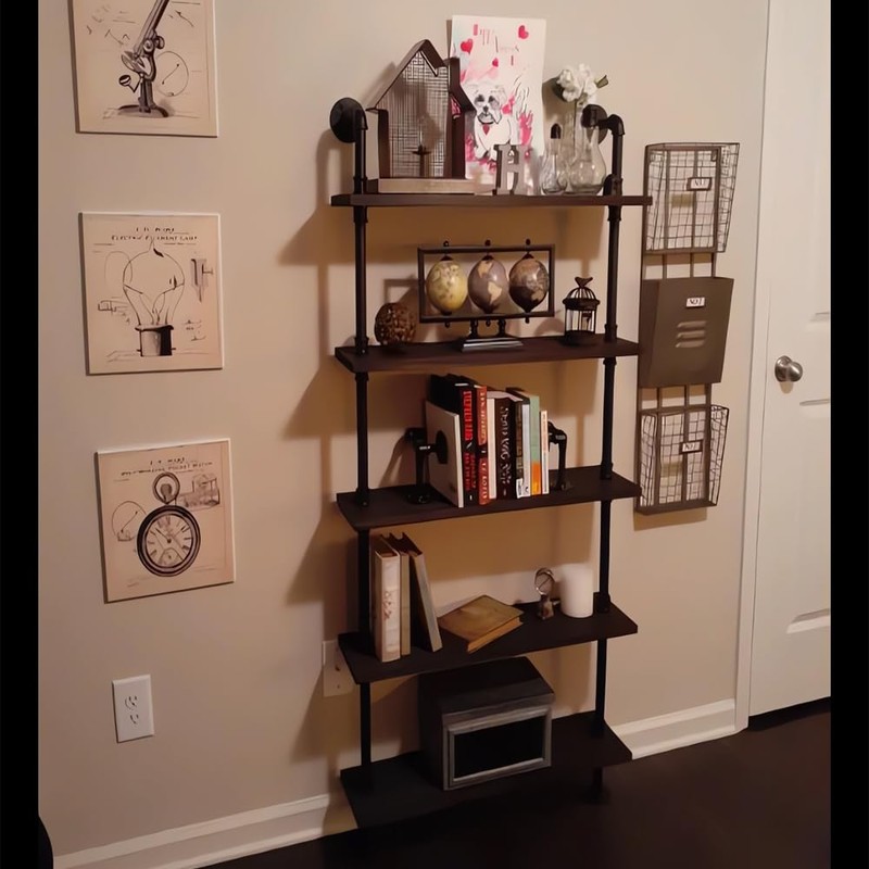HEONITURE 5 Shelf Industrial Pipe Shelving, Black Modern Bookcase Bookshelf,