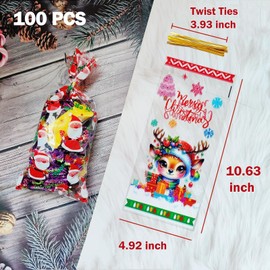 Hryxic Christmas Clear Treat Bags,100 PCS Christmas Cellophane Treat Bags,Santa Claus Goodie Candy Bags with Twist Ties for Party Favors Supplies,9 Styles