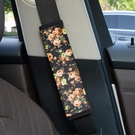 Cinuius 2PCS Leather Car Seat Belt Covers with Orange Rose & Yellow Flower Print, Breathable Soft Shoulder Strap Pads for Neck and Shoulder Protection