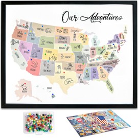 flinelife Usa Travel Map Framed With Pins, 12X10, Our Adventures Travel Map, 50 States Travel Map Pin Board, Perfect Travel Map For Couples Gift