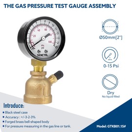 SENCTRL 0-15 Psi Gas Pressure Test Gauge, 2" Dial Size, 3/4" FNPT Connection, Brass Valve, Forged Brass Bell Shape Body Assembly