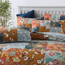 camandy Cotton Bedspread Quilt Bedding Sets 3 Pieces Reversible Coverlet Sets Comforters Luxury Paisley Floral Patchwork Brown Bedspread, King Size