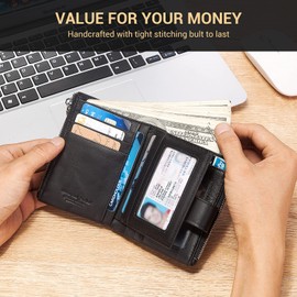 HUMERPAUL Mens Wallet with Chain Men's Genuine Leather Wallet RFID Blocking Bifold Wallet with Credit Card Holder and Zipper Coin Pocket Purse, Black