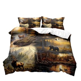 LUVIVIHOME 3PCS Black Bear Moose Elk Deer Duvet Cover Full Bedding Set, Rustic Cabin Country Farmhouse Woodland Animal Lodge Quilt Bedspread Comforter Cover, Deer Hunting Gifts for Men, 2 Pillow Shams